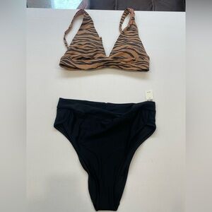 NEW! Aerie Bikini Medium Zebra  Bra Top + Large High cut black cheeky bottom